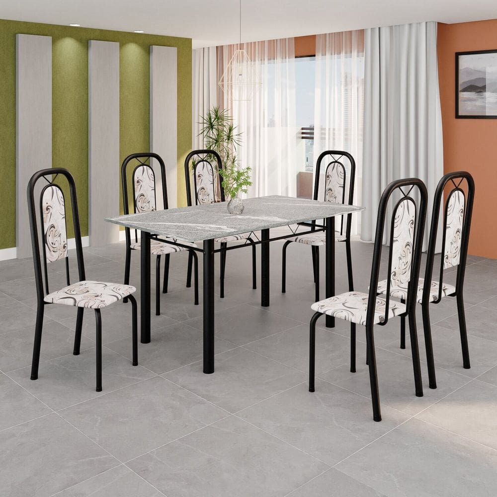 Conjunto de Mesa Tubular com 6 Cadeiras Lara Arabesco/Preto