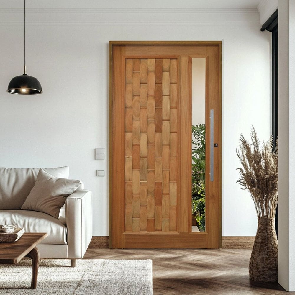 Porta Pivotante Couro em Pé com Visor Batente 14 Puxador Barra Chata 80 CM 120 X 210 Esquerdo Rodam Natural