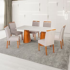 Conjunto Mesa Fortaleza com 6 Cadeiras em Madeira, Estofada e Bordada Liz Authentic Espresso Móveis Champagnhe/Off White/Cinza