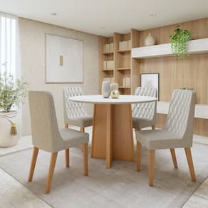 Conjunto de Mesa com 4 Cadeiras Tampo Redondo em MDF Luar Amêndoa Clean/Off White/Bege