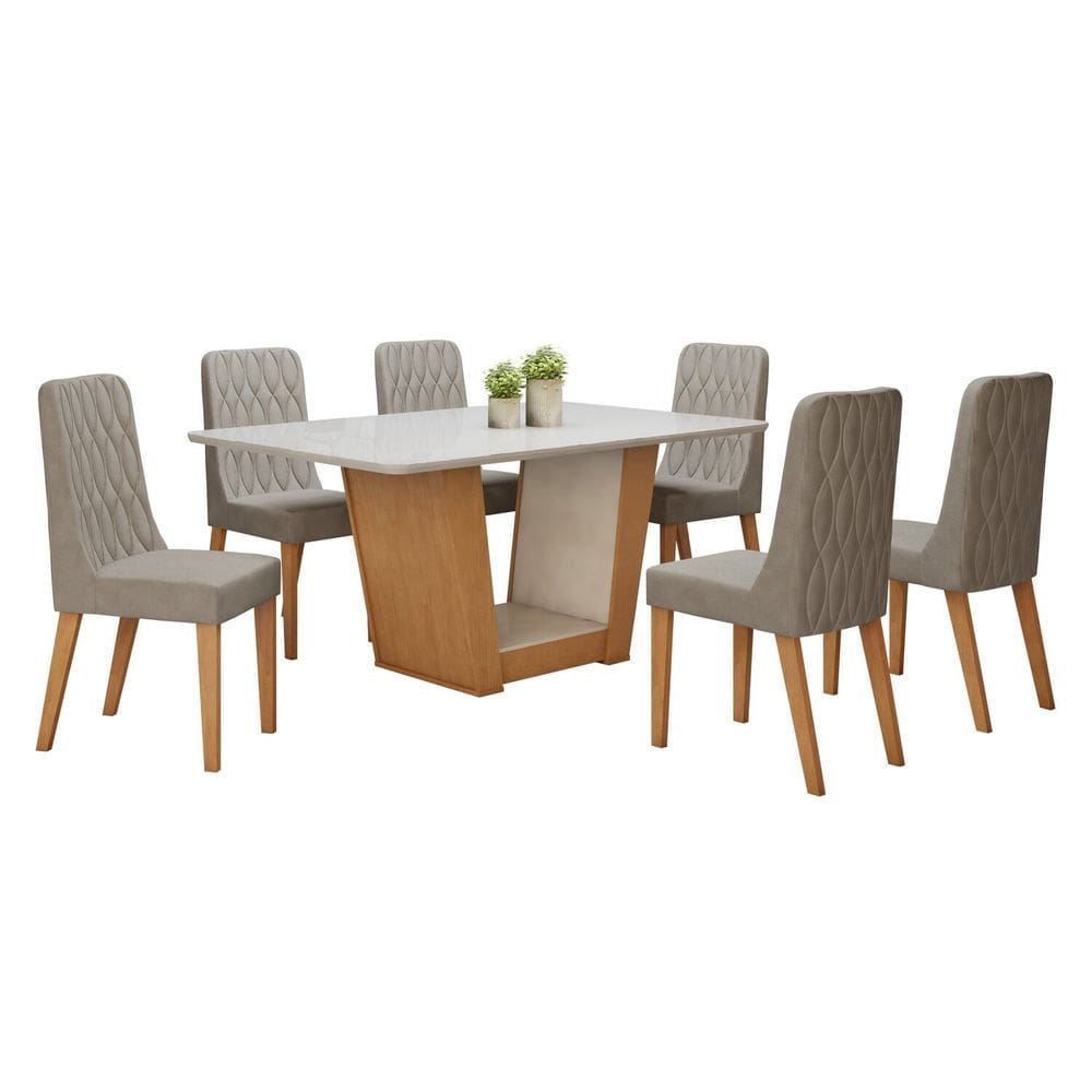 Conjunto Sala de Jantar 160cm Tampo MDF com Vidro e 6 Cadeiras Amêndoa Clean/Off White/Capuccino