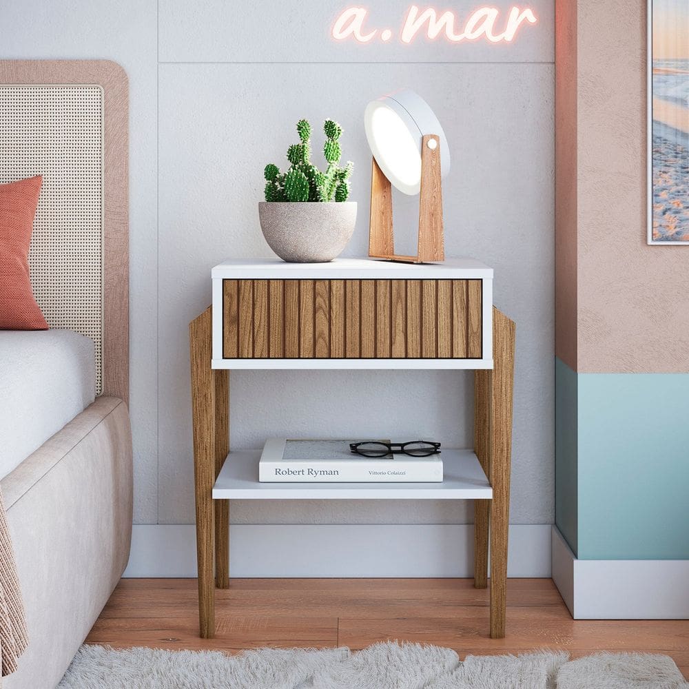 Mesa Cabeceira Brisa 60cm x 53cm x 40cm com 1 Gaveta Branco/Olmo