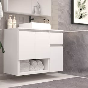 Gabinete Banheiro Suspenso 80cm Aurora com 03 Portas 01 Gaveta e Nicho com Cuba Branco