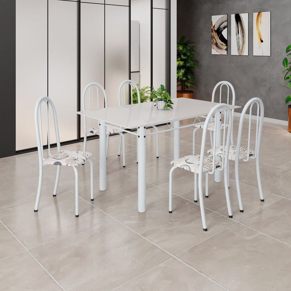 Conjunto de Mesa Tubular 140cm X 75cm Tampo em Vidro com 6 Cadeiras Iris B Branco