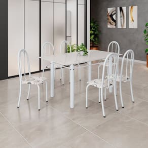 Conjunto de Mesa Tubular 140cm X 75cm Tampo em Vidro com 6 Cadeiras Iris B Branco