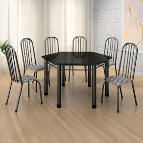 Conjunto Sala de Jantar Mesa com 6 Cadeiras Natal Branco/Preto/Prata Martelado