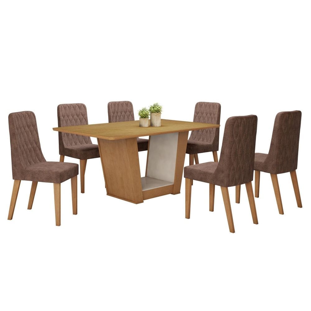 Conjunto Sala de Jantar 170cm com 6 Cadeiras  Off White/Amêndoa Clean/Avelã