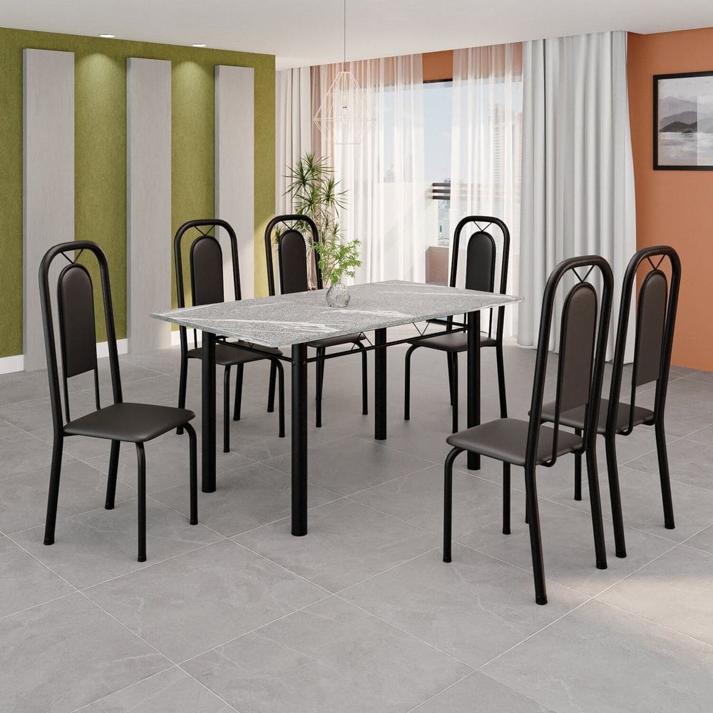 Conjunto de Mesa Tubular 140cm X 75cm Tampo Granito Topázio com 6 Cadeiras Lara Preto Liso
