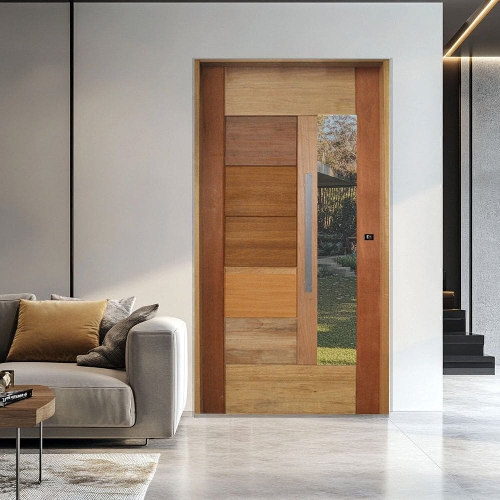Porta com Visor Mista Batente Misto 14 Puxador Barra Chata 110 x 210cm Esquerdo Rodam 3B Natural