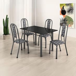 Conjunto Sala de Jantar Mesa Retangular Tampo Ardósia Indiana 4 Cadeiras Fortaleza Branco/Preto/Prata