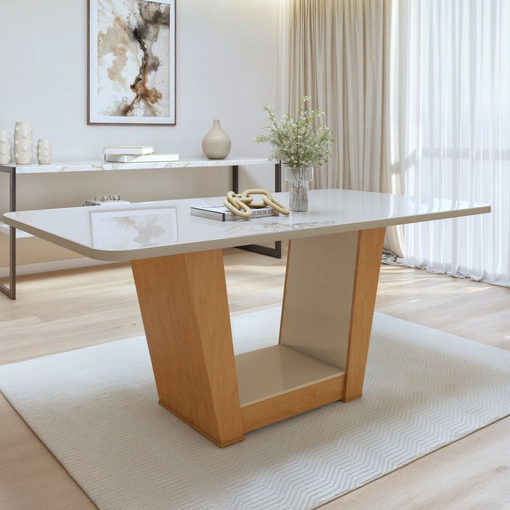 Mesa de Jantar Retangular 170cm Maxi Tampo com Vidro Apogeu Amêndoa Clean/Off White