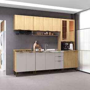 Cozinha Modulada 100% MDF 5 Peças 14 Portas 2 Gavetas Cristaleira 2 Balcão 2 Aéreo Ibiza  Louro Freijó/Cinza
