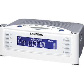 Rádio-relógio Sangean RCR-22 Atomic FM/AM com entrada auxiliar prateada