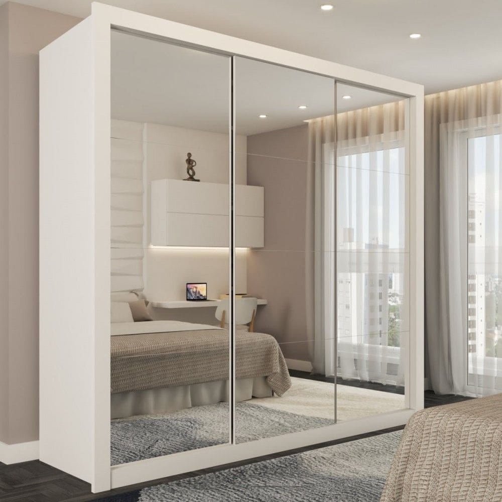 Guarda-Roupa Casal Luiza 3 Portas de Correr 4 Gavetas Espelhado Branco - Brv