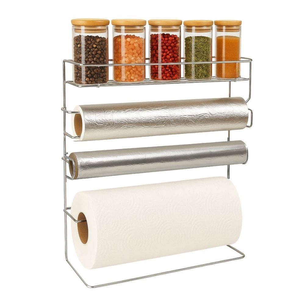 Suporte Organizador 5 em 1 Porta Rolos em Aço Cromado com 5 Potes Porta Temperos Tampa Bambu 90ml - Aramig