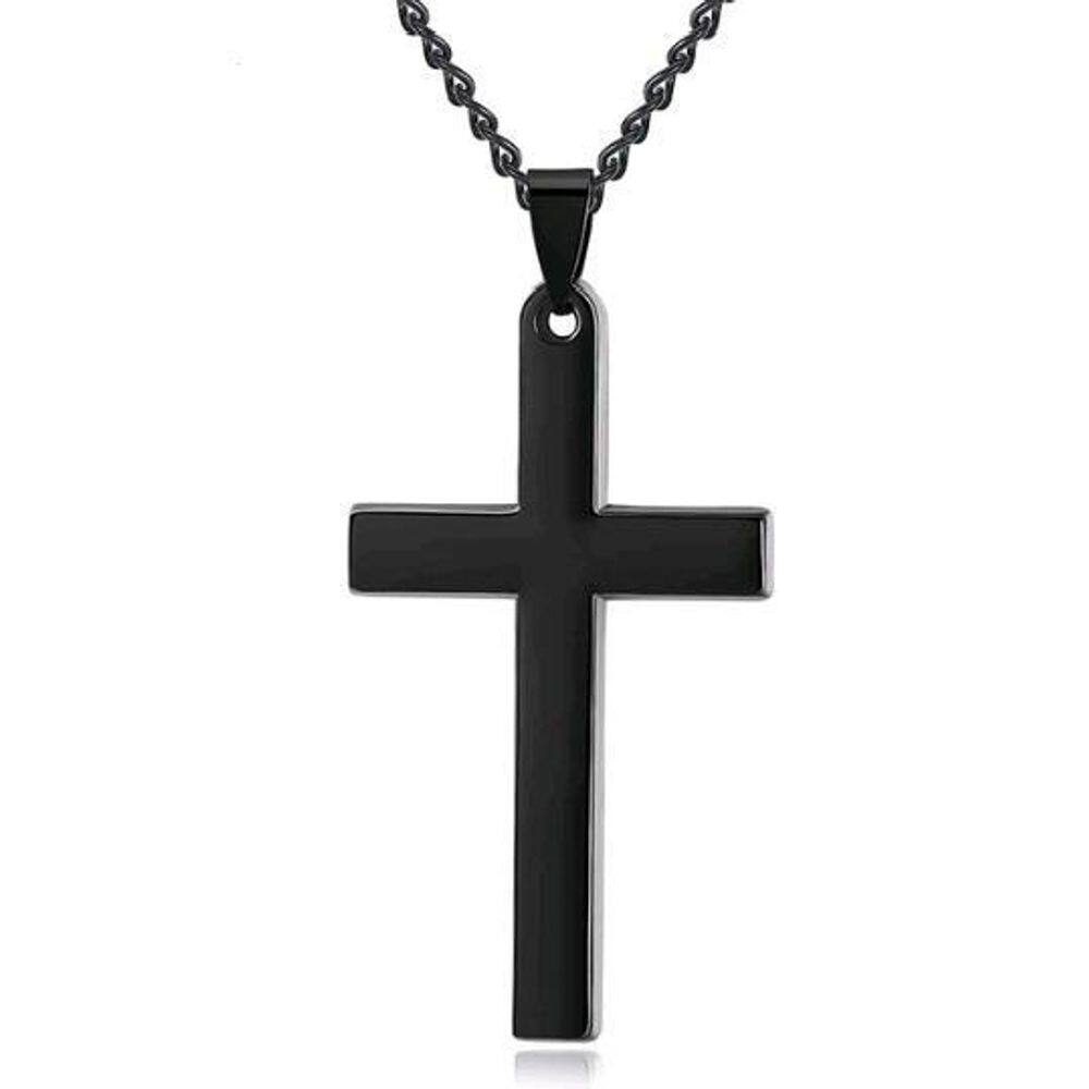Cordão Unissex Preto 60cm Cruz 35x20mm Verniz Brilho