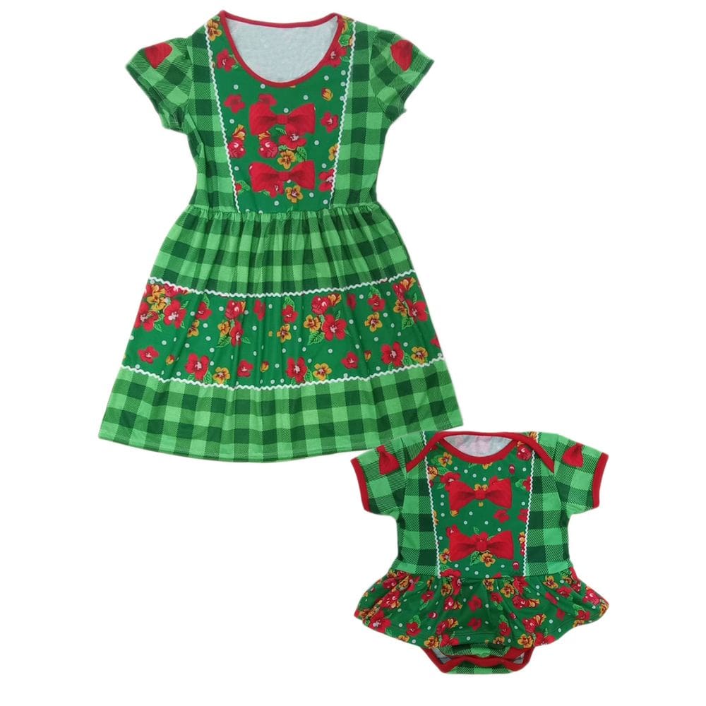 Vestido e Body de Bebê Tal Mãe Tal Filha Estampado Festa Junina Xadrez Verde