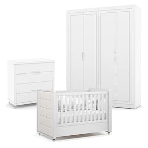 Quarto de Bebe 4 Portas Tutto New com Capitonê New Boucle e Gaveteiro Branco Acetinado - Matic