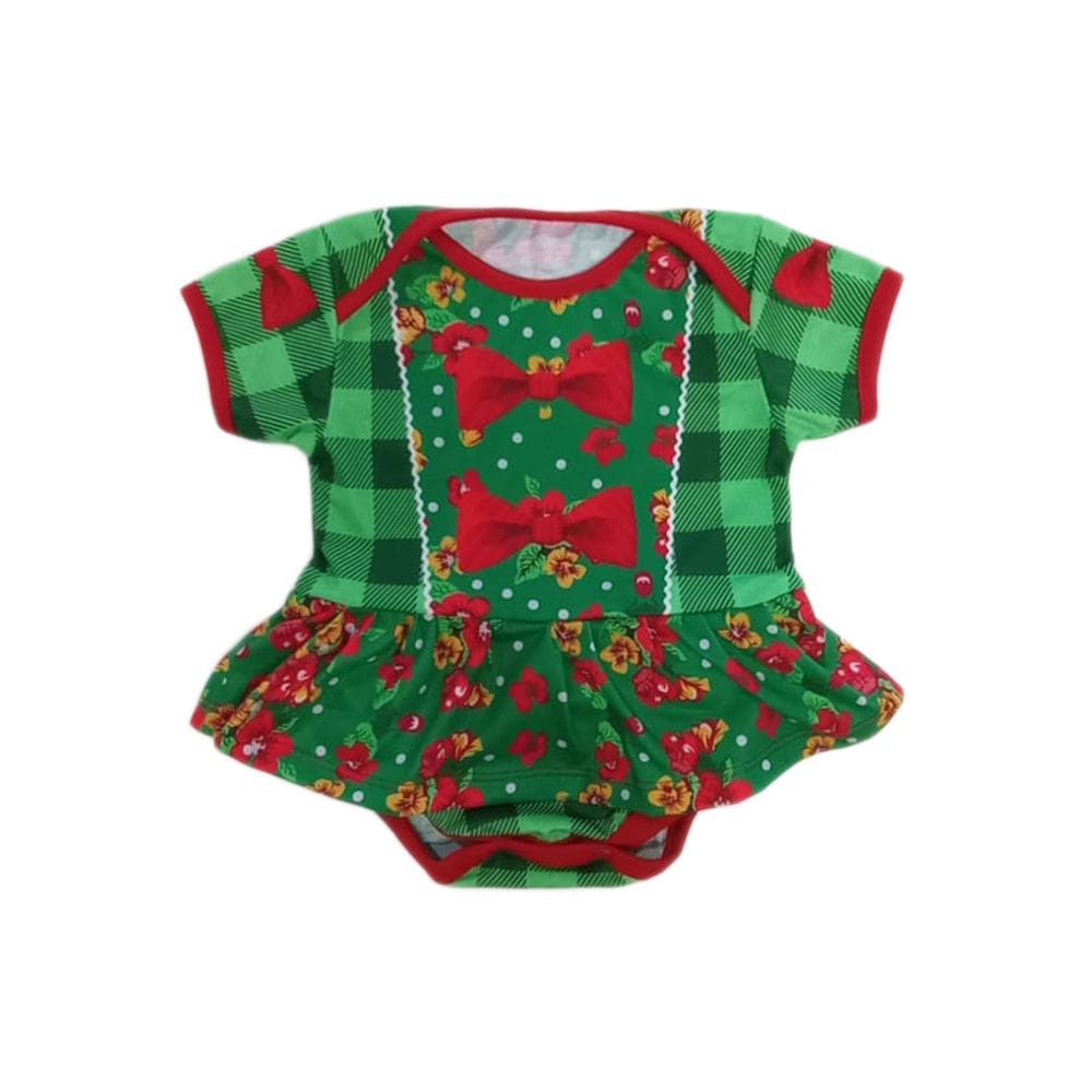 Body Bebê Com Sainha Temático Estampado Festa Junina Xadrez Verde