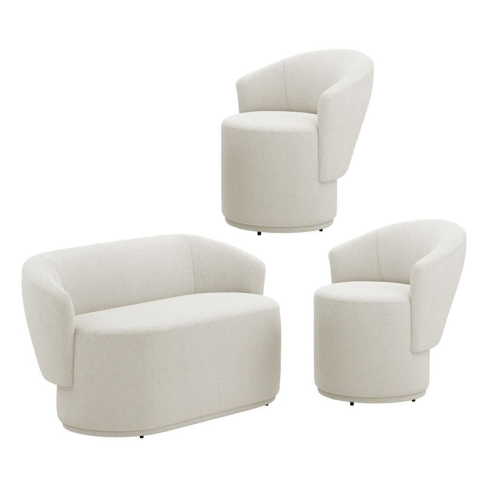 Kit 02 Poltronas e 01 Namoradeira Orgânica Mavi Bouclê Creme - Desk Design
