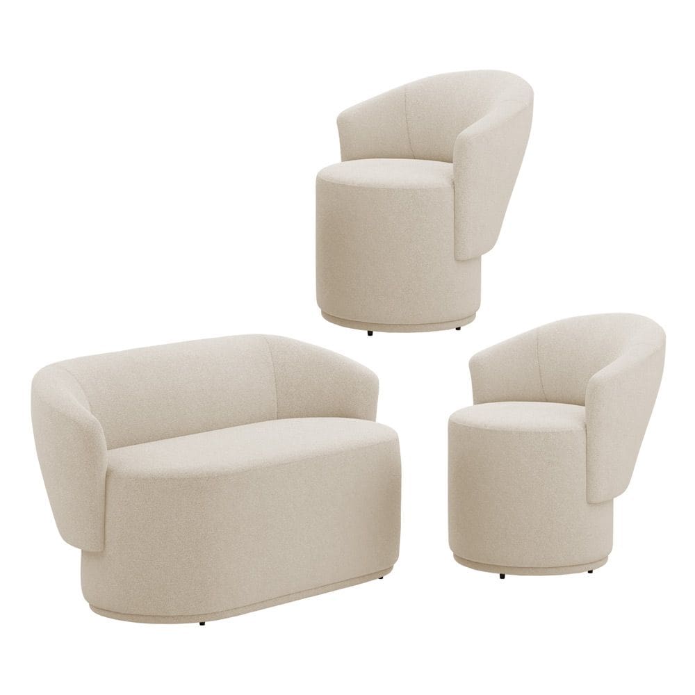 Kit 02 Poltronas e 01 Namoradeira Orgânica Mavi Bouclê Bege - Desk Design