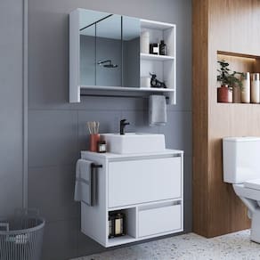 Conjunto para Banheiro Gabinete Suspenso 60cm com Toalheiro Cuba e Espelheira 80cm Branco