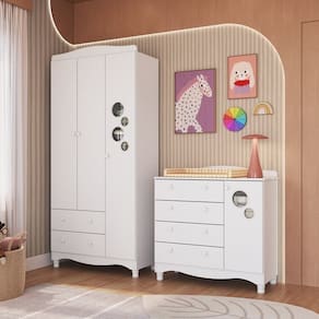 Conjunto para Quarto Infantil com Guarda-Roupa e Cômoda Trocador Encanto Branco