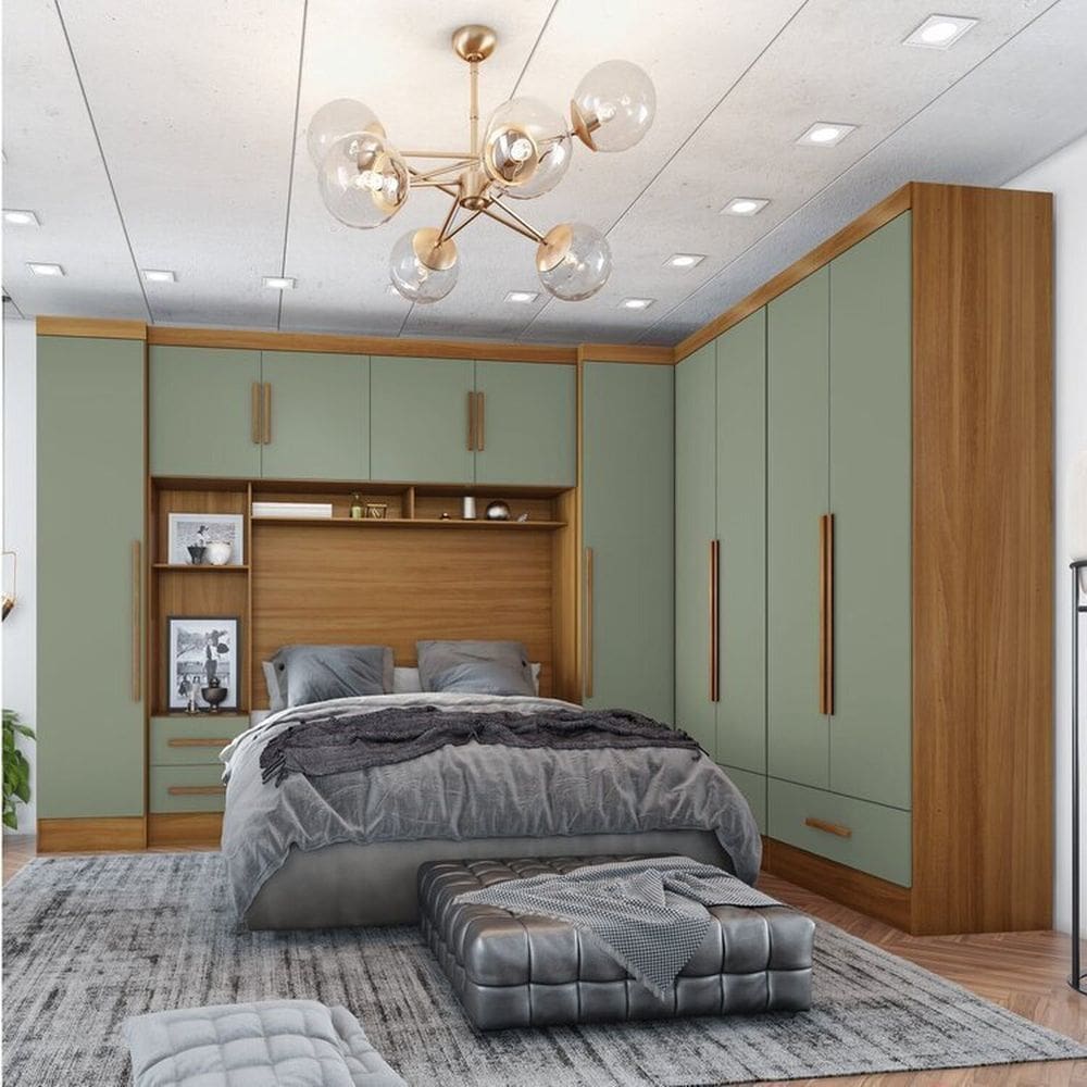 Quarto de Casal Completo 5 Peças 6 Portas 4 Gavetas Com Maleiro Smart Plus Espresso Móveis Cinamomo/Verde