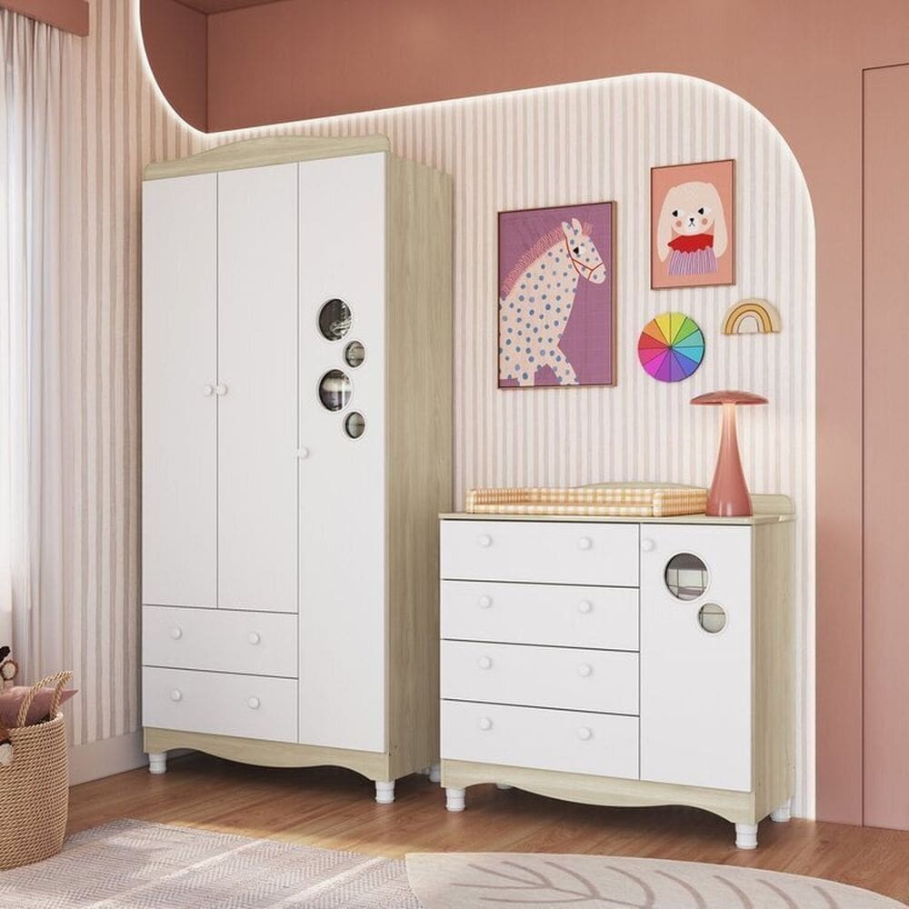 Conjunto para Quarto Infantil com Guarda-Roupa e Cômoda Trocador Encanto Carvalho Araguaia/Branco