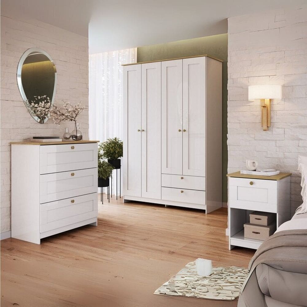 Quarto Americano Solteiro 3 peças Guarda-Roupa, Cômoda e Mesa de Cabeceira Branco Gelo