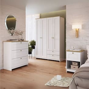 Quarto Americano Solteiro 3 peças Guarda-Roupa, Cômoda e Mesa de Cabeceira Branco Gelo