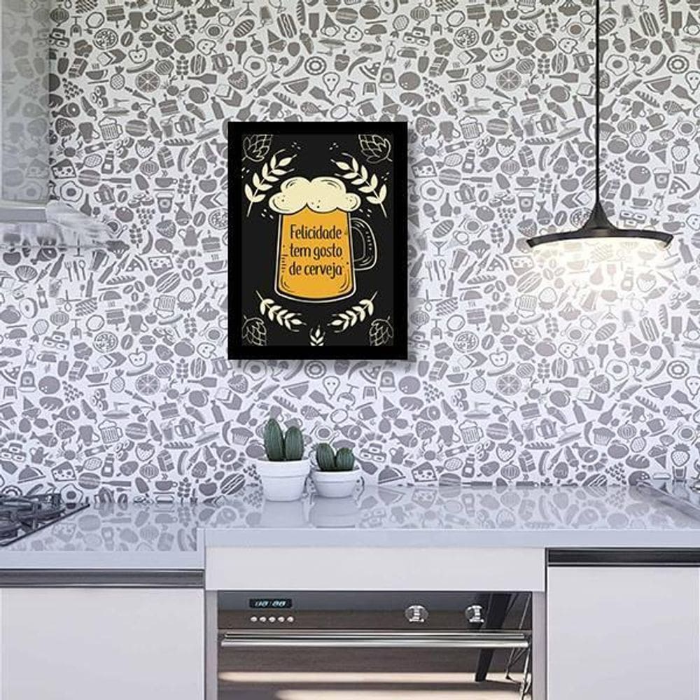 Quadro Frase Felicidade Tem Gosto De Cerveja 24X18Cm