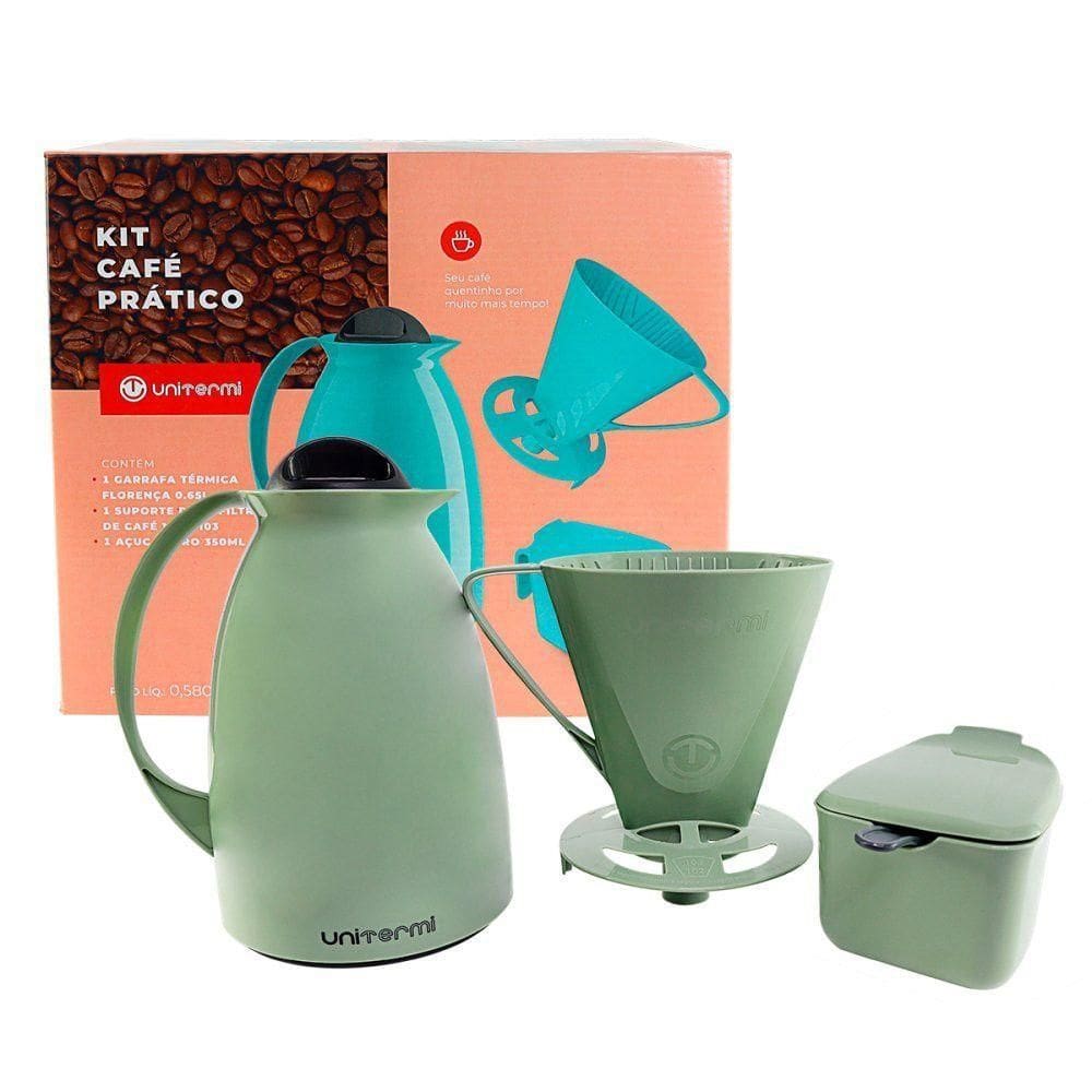 Kit Garrafa Termica Café Prático Com Açucareiro Com Colher E Suporte Para Filtro - Verde
