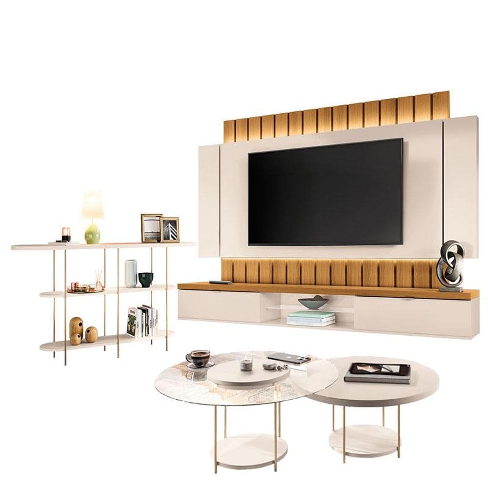 Home Suspenso Illusion 2.2 Cinamomo Off White e Aparador Infinity e Kit Mesa de Centro Sky Cinamomo- HB Móveis