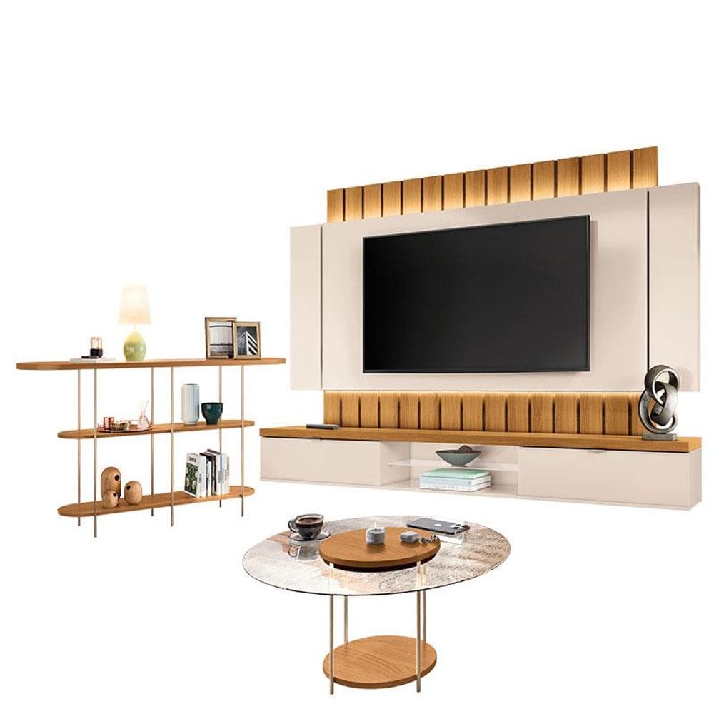 Home Suspenso Illusion 2.2 Cinamomo Off White e Aparador Infinity e Mesa de Centro Sky com Tampo De Vidro Cinamomo- HB Móveis