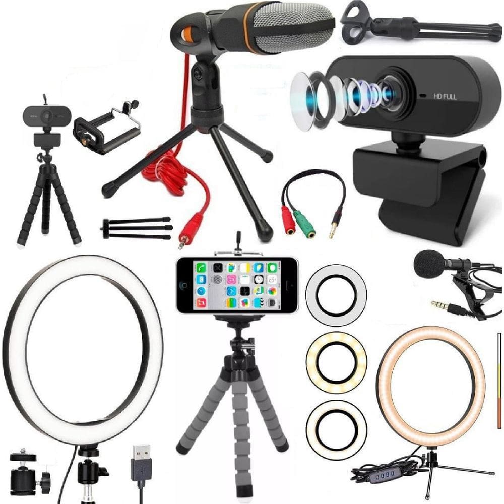 Webcam Full HD 1080 Kit Home Office Microfone Iluminador USB