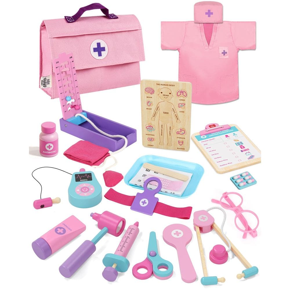 Conjunto médico Lehoo Castle Kids de madeira rosa 23 peças de 3 a 8 anos
