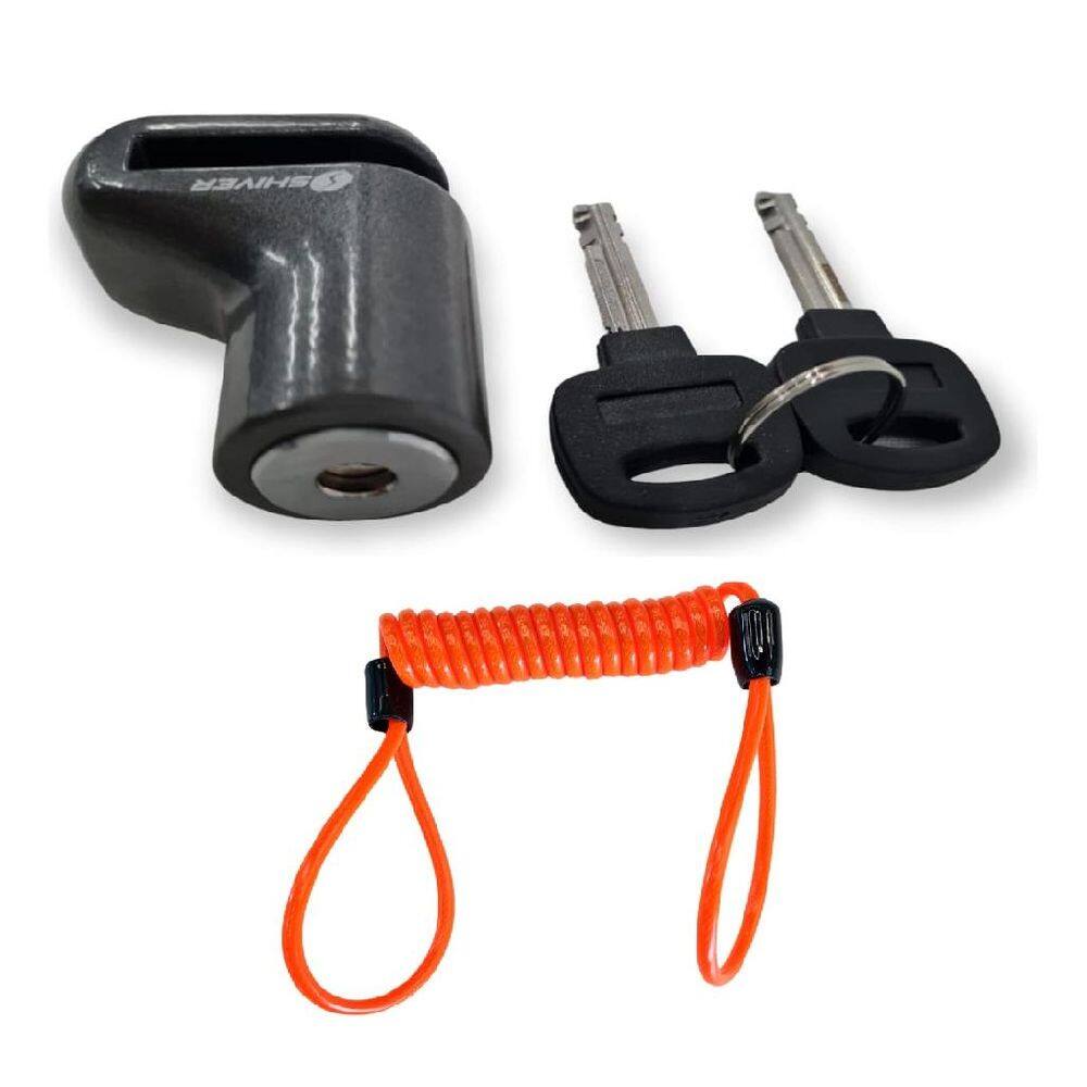 Kit Trava Disco Cadeado Roda Freio Moto Anti Furto Roubo 5,5Mm Cinza + Cabo Lembrete Shiver