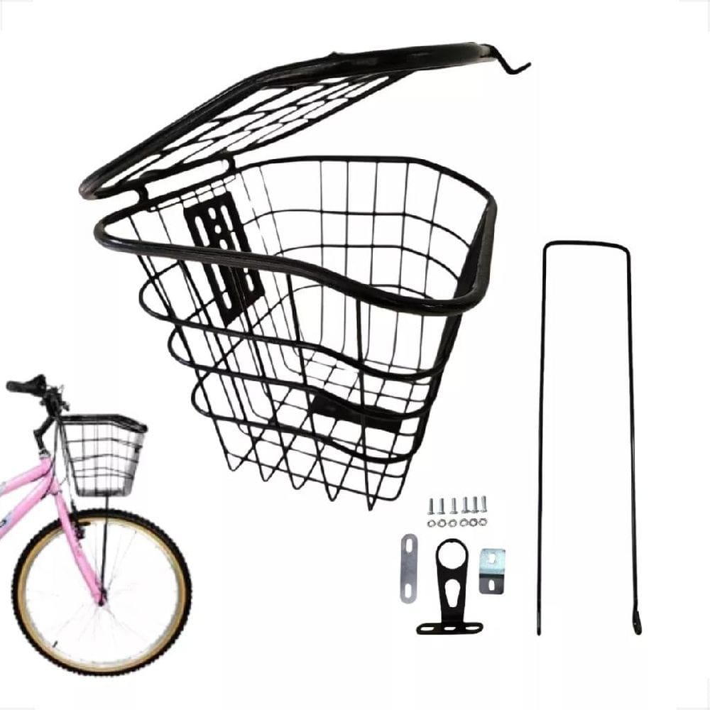 Cesta Cestinha de Bicicleta Reforçada Com Tampa Aço Completa Haste Aro 24 26 Passeio Compras 8KG