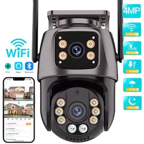 Câmera de Segurança Dupla, Giratória, IP, Wi-Fi, Full HD, 4MP, PTZ, Visão Noturna, iCSee, Compatível Alexa, IP66, Preta