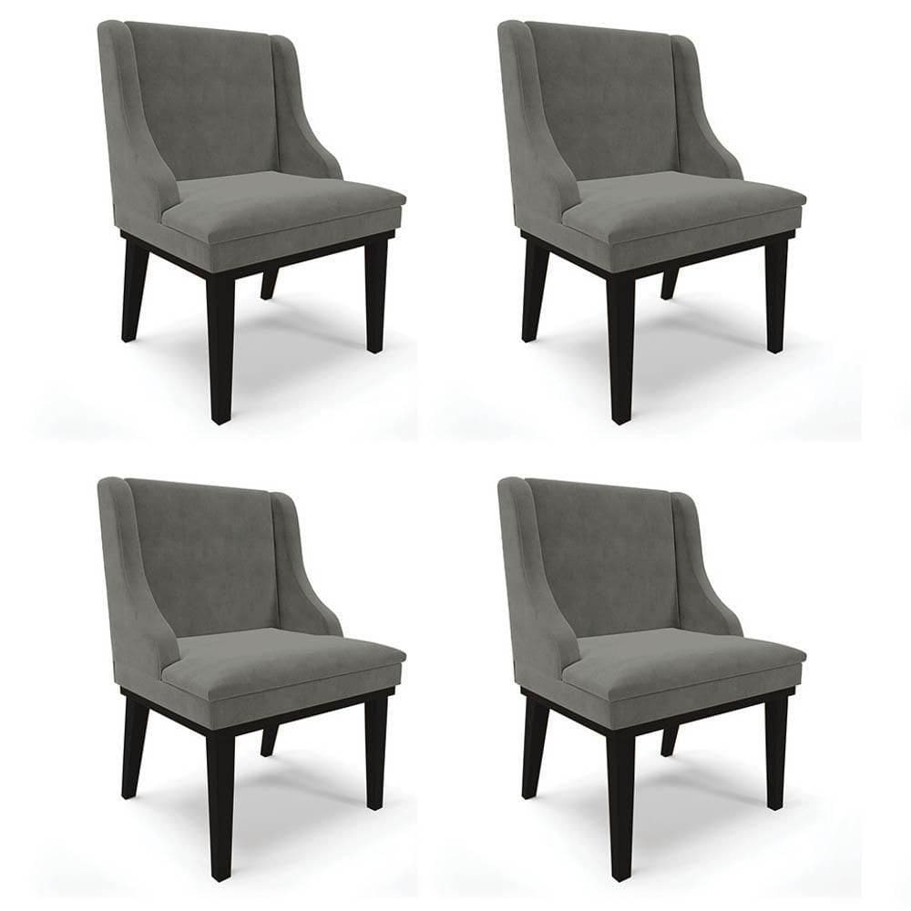 Kit 4 Cadeiras Estofadas Para Sala De Jantar Base Fixa De Madeira Preto Lia Suede Grafite - Ibiza