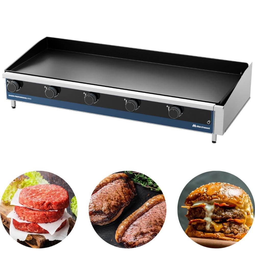 Chapa Profissional A Gás 5 Queimadores 8mm Inox 126x50 Marchesoni