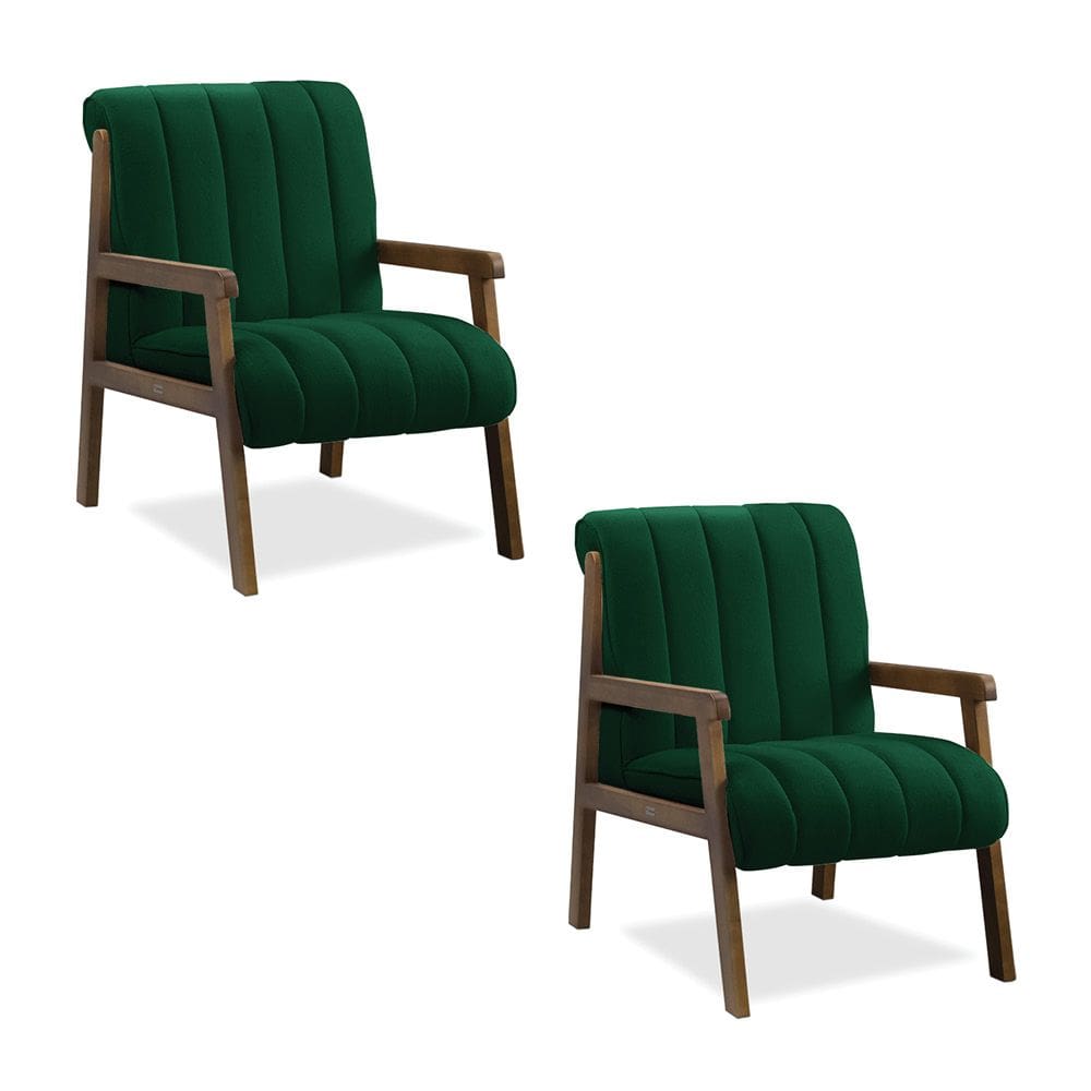 Poltrona Decorativa Sala Base de Madeira kit 2 Daline Bouclê Verde E03 - D`Rossi