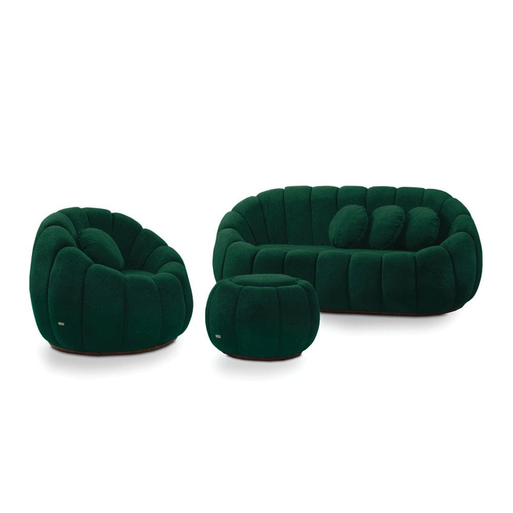 Sofá 2 Lugares com Puff e Poltrona Giratória Orgânica Cloud Bouclê Verde E03 - D`Rossi