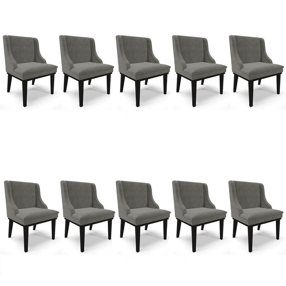 Kit 10 Cadeiras Estofadas Para Sala De Jantar Base Fixa De Madeira Preto Lia Suede Grafite - Ibiza