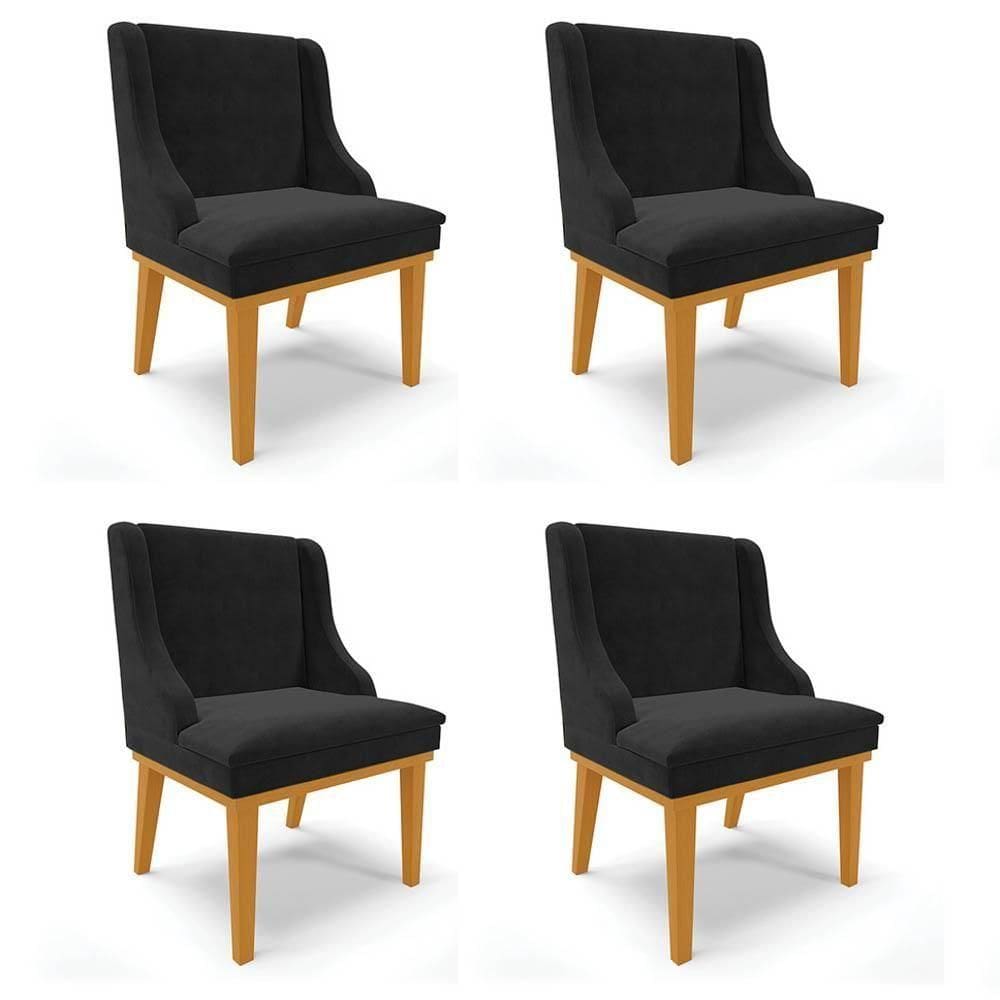 Kit 4 Cadeiras Estofadas Para Sala De Jantar Base Fixa De Madeira Castanho Lia Suede Preto - Ibiza