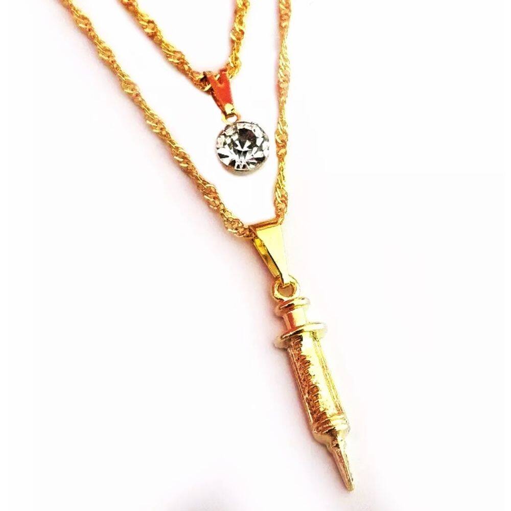 Cordão Duplo Ponto De Luz e Seringa Dourada Folheado