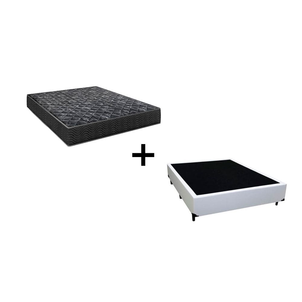 Cama Box Casal 138 Tecido Sintético Branco com Colchão Lisboa Bello Box Espuma D28 Preto