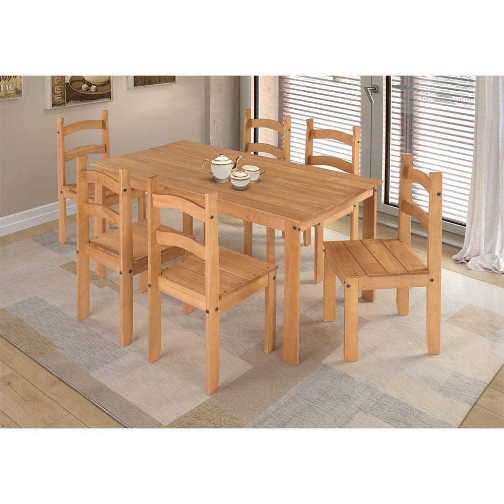 Conjunto De Mesa De Jantar 140x70 Com 6 Cadeiras Madeira Maciça Natural
