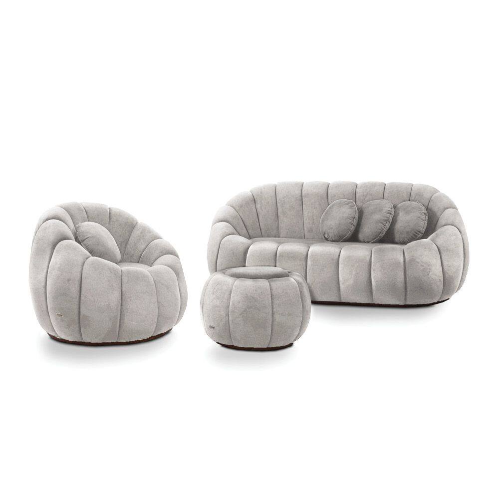Sofá 2 Lugares com Puff e Poltrona Giratória Orgânica Cloud Bouclê Cinza Claro E03 - D`Rossi